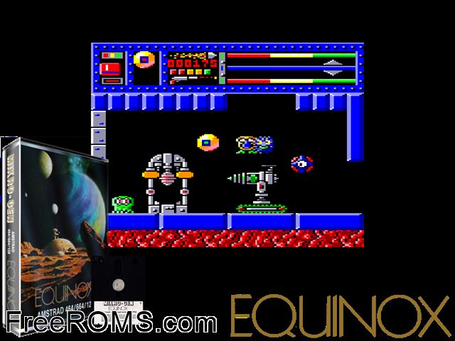 Equinox (UK) (1986) [h1] Amstrad CPC game showing 3D box cover and gameplay screenshot